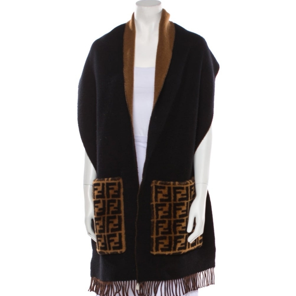 FENDI TOUCH OF FUR FF LOGO WOOL BLEND SCARF WRAP